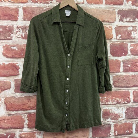 Chicos Shirt Womens Large 2 Green 100% Linen Casual Stretchy Pocketed Shirt - Picture 2 of 9